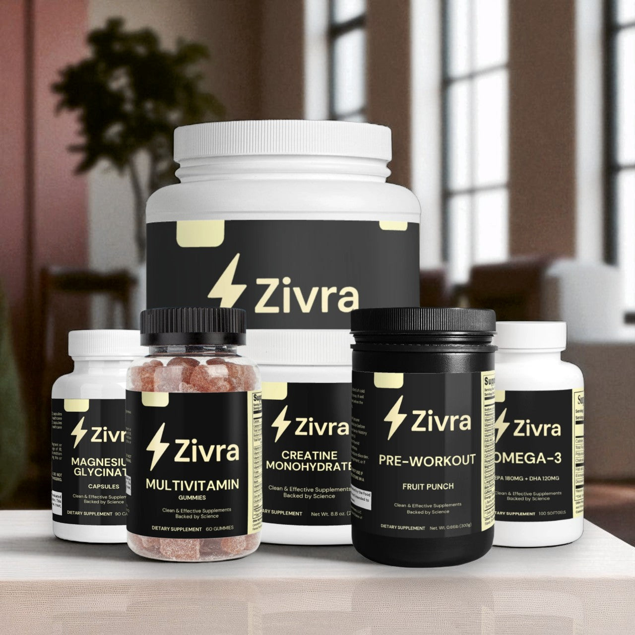 Collection of Zivra supplement bottles on a surface with a blurred indoor background