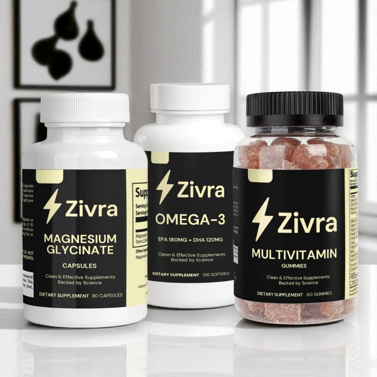 Three Zivra supplement bottles on a reflective surface with a blurred background