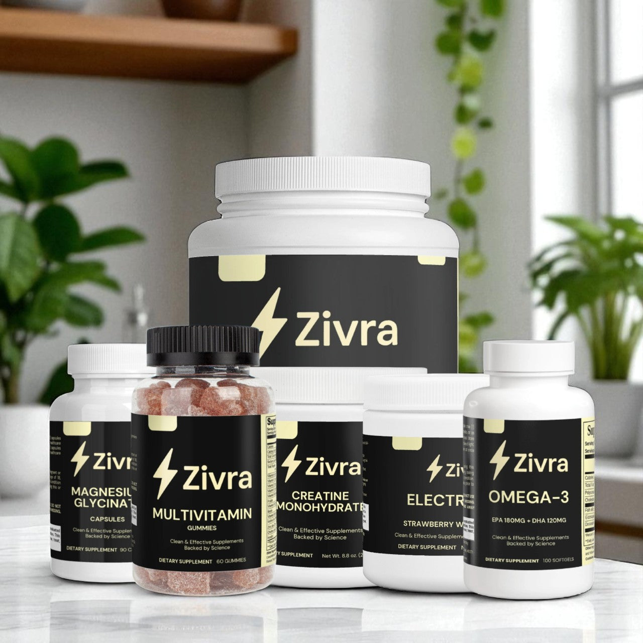 Zivra supplement bottles on a surface with a blurred indoor background