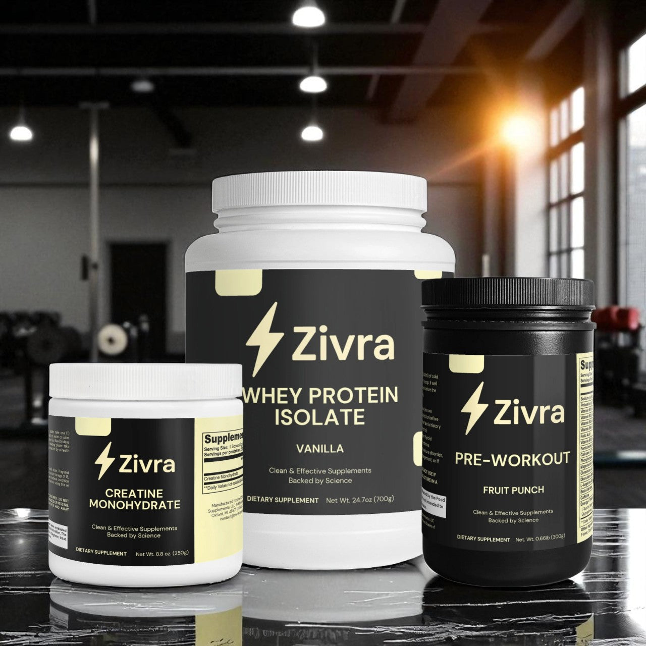 Zivra supplement containers on a reflective surface with a gym background