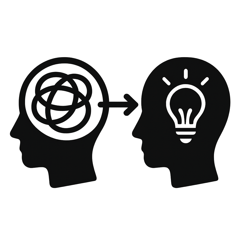 Illustration of a head with a tangled thought process and another head with a light bulb, symbolizing idea generation.