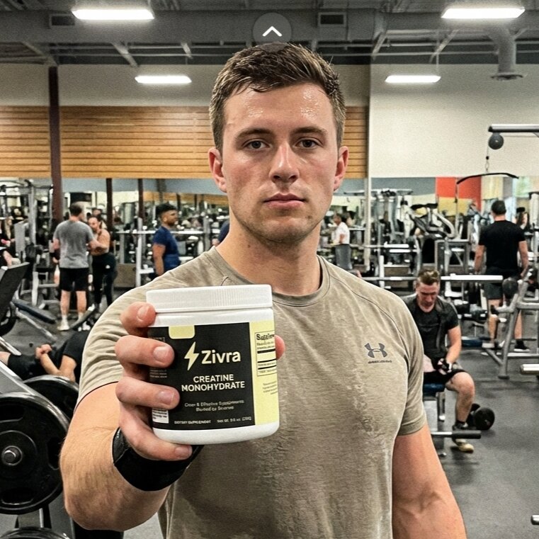 Man holding a Zivra creatine monohydrate supplement container in a gym setting