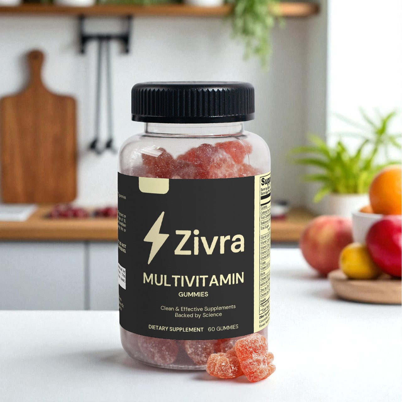 Zivra multivitamin gummies bottle on a kitchen counter with fruits in the background