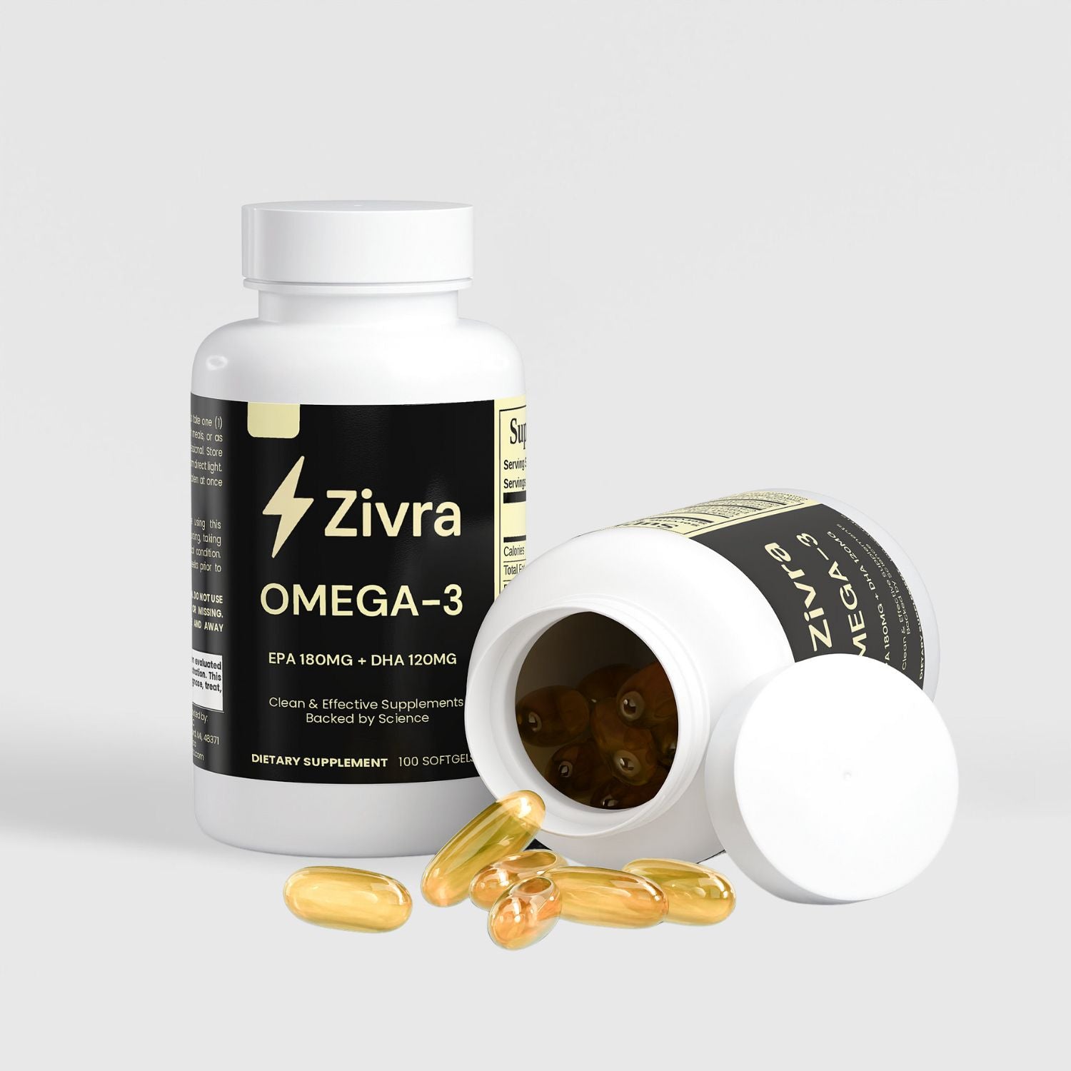 Zivra Omega-3 supplement bottle with open lid showing capsules on a light gray background