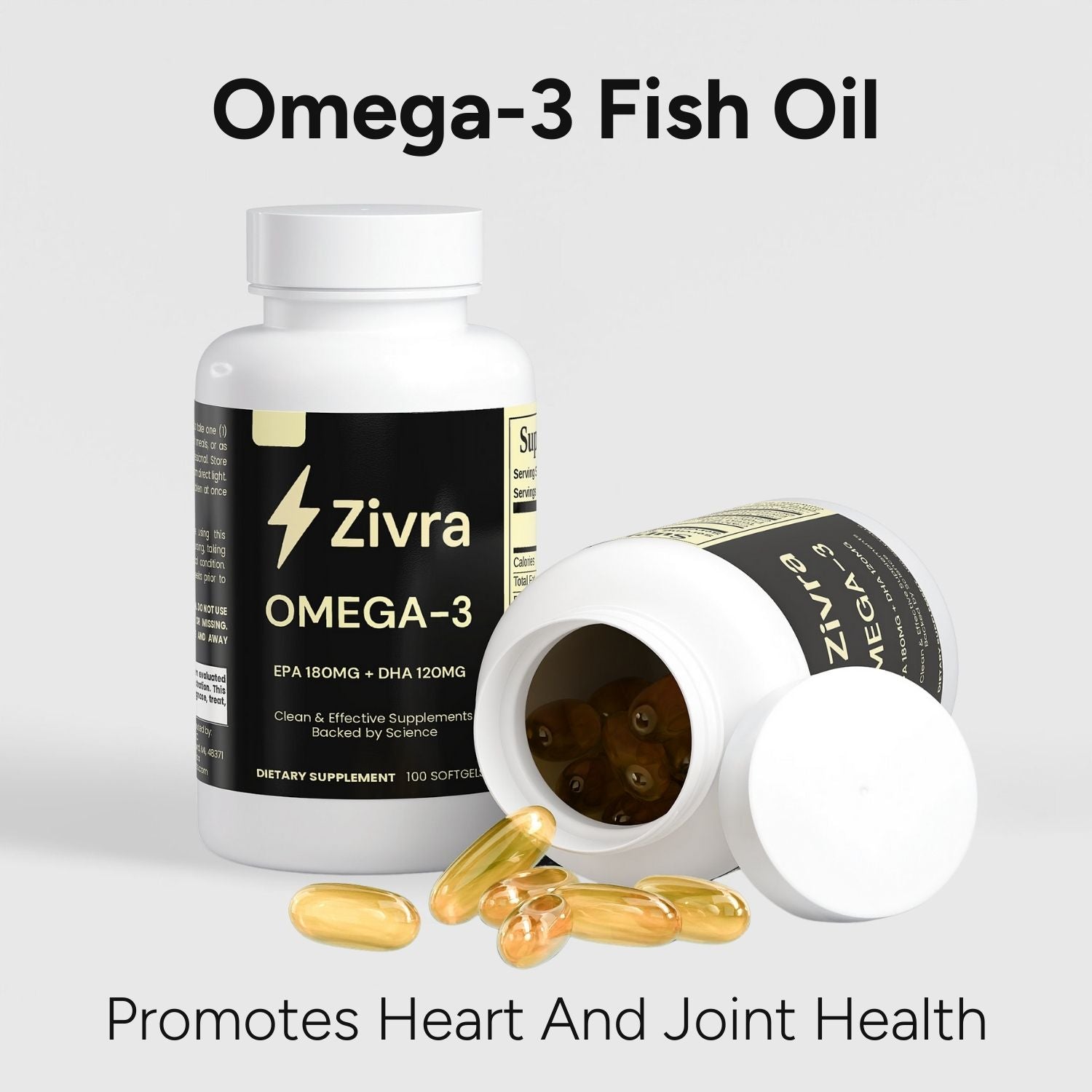 Zivra Omega-3 fish oil supplement bottle with capsules on a white background