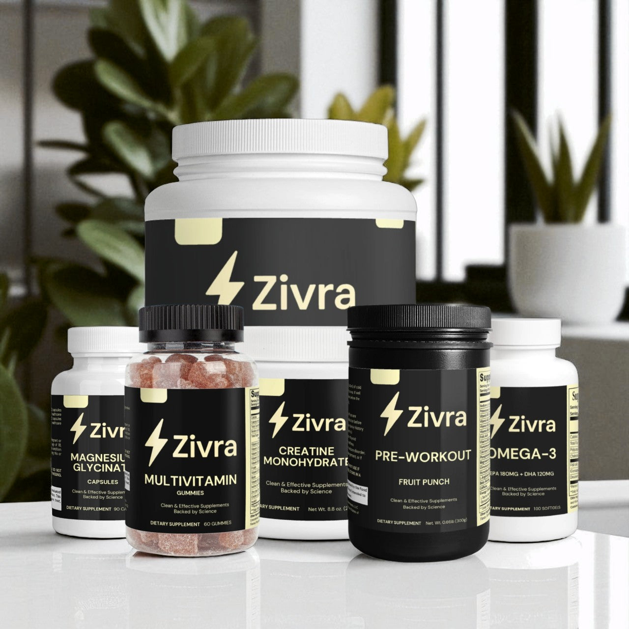 Zivra supplement bottles on a reflective surface with plants in the background