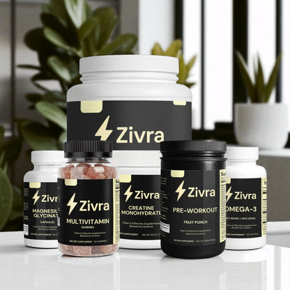 Zivra supplement bottles on a reflective surface with plants in the background