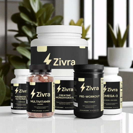 Zivra supplement bottles on a reflective surface with plants in the background