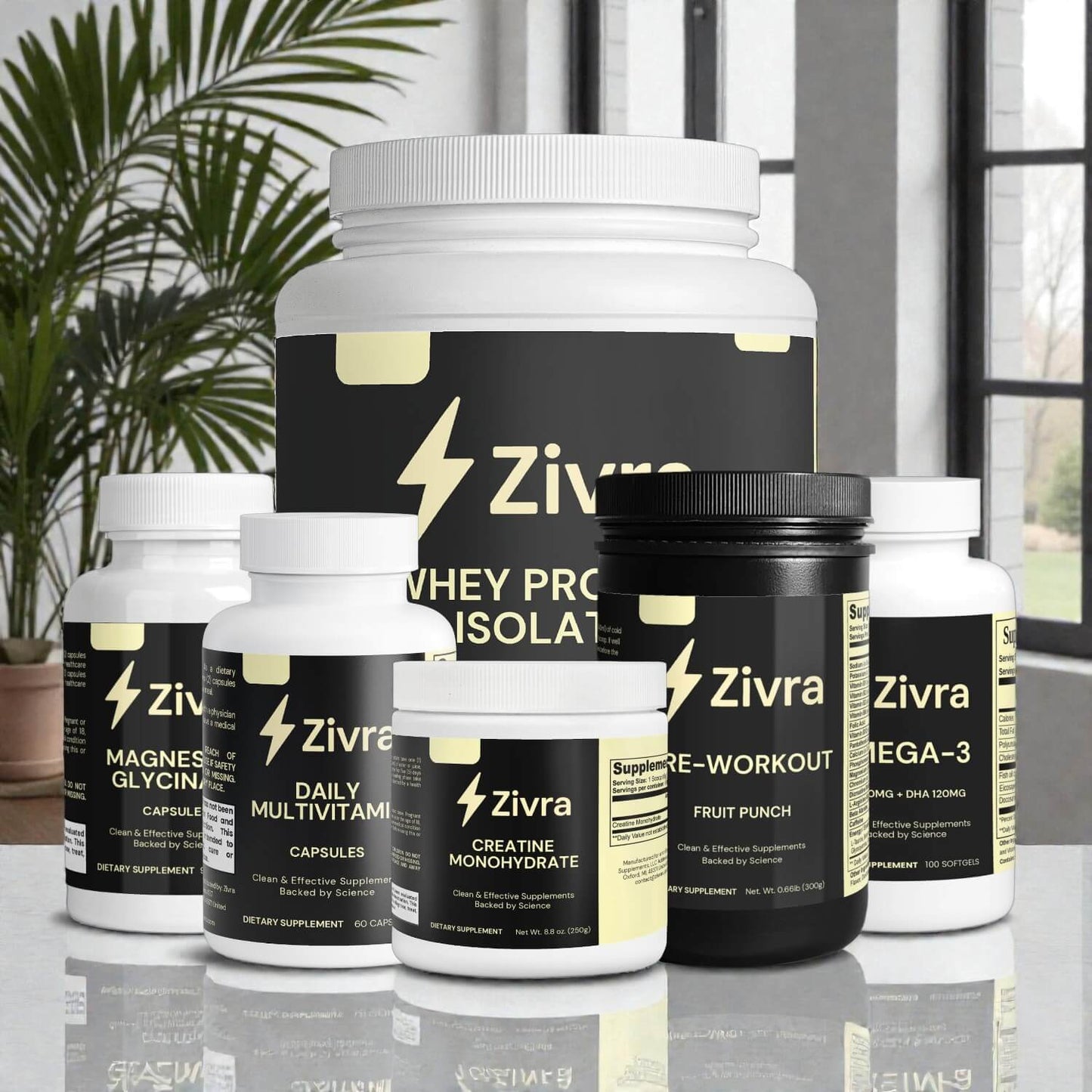Collection of Zivra supplement bottles on a reflective surface with a blurred indoor background