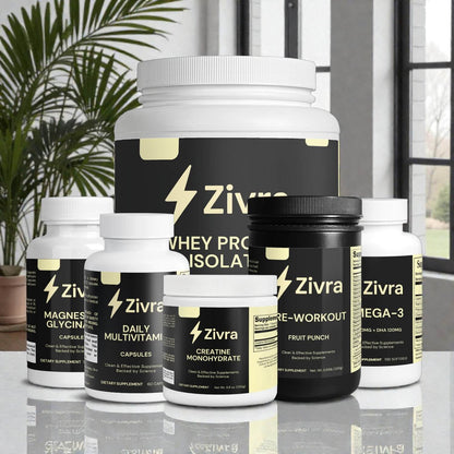 Collection of Zivra supplement bottles on a reflective surface with a blurred indoor background