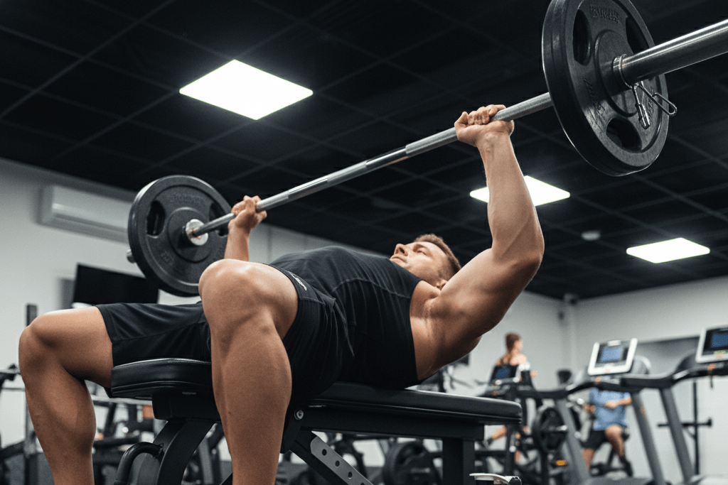 Person performing a bench press with weights in a gym setting