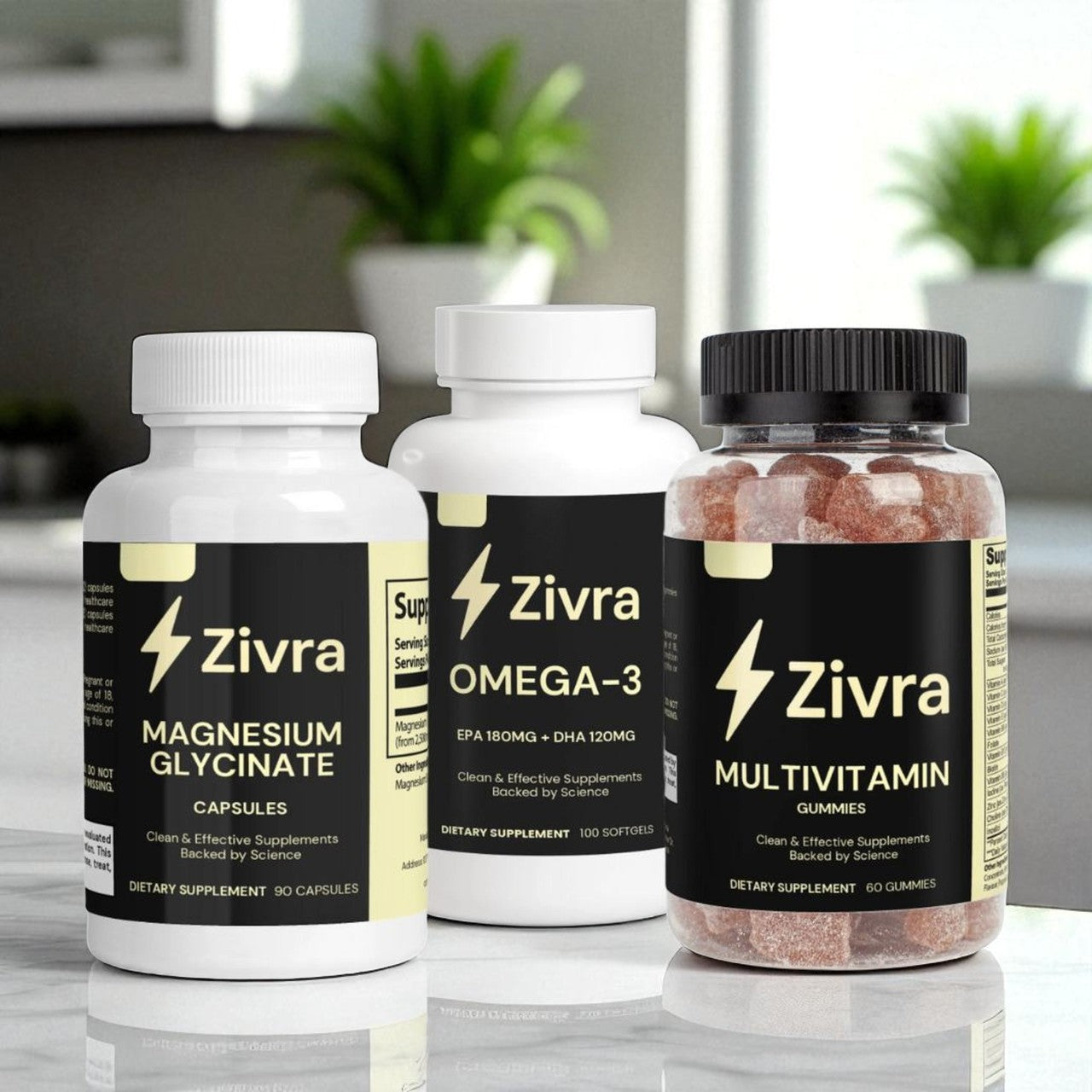 Three Zivra supplement bottles on a marble surface with a blurred indoor background.
