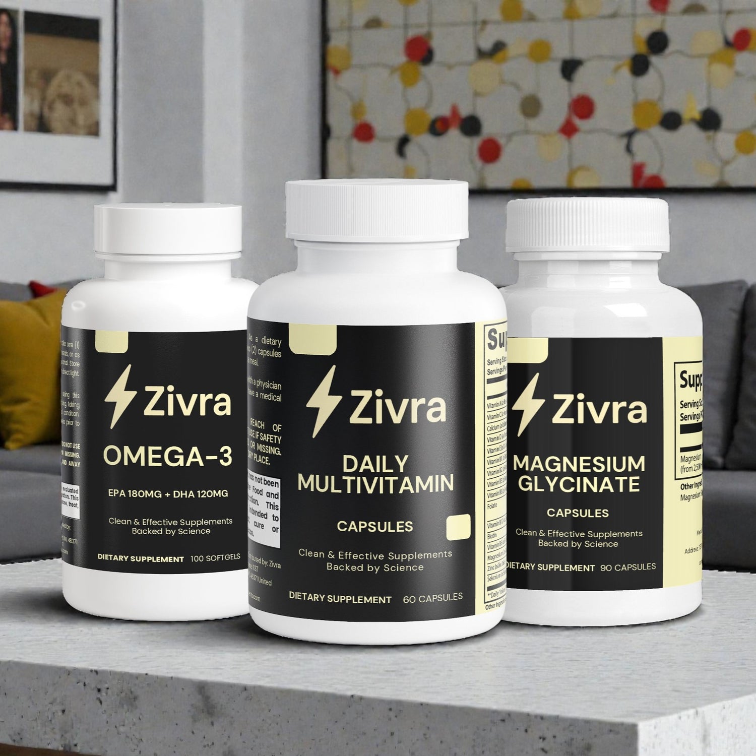 Three Zivra supplement bottles on a surface with a colorful abstract painting in the background.