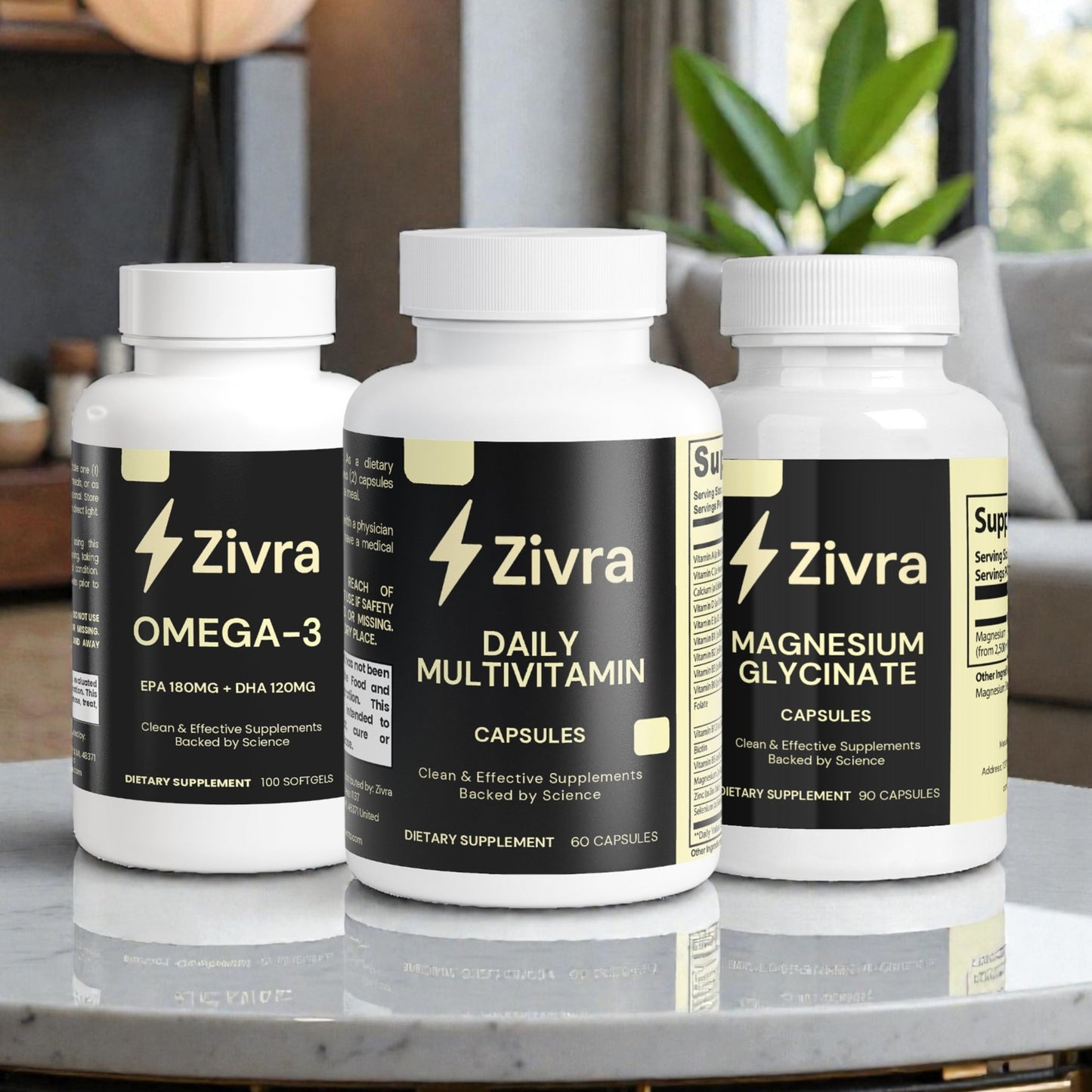 Three Zivra supplement bottles on a marble surface with a blurred indoor background