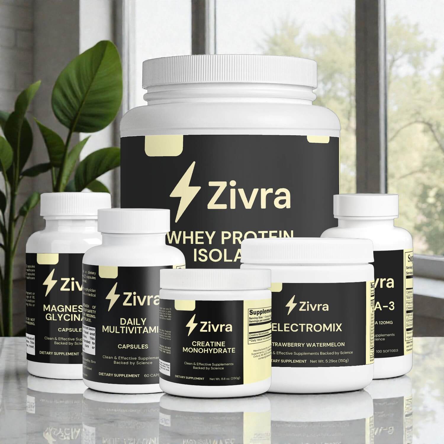 Collection of Zivra supplement bottles on a reflective surface with a blurred indoor background