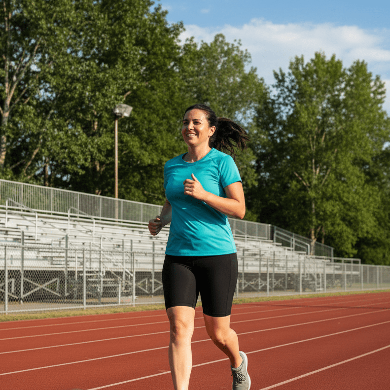 Woman running on a track with trees in the background