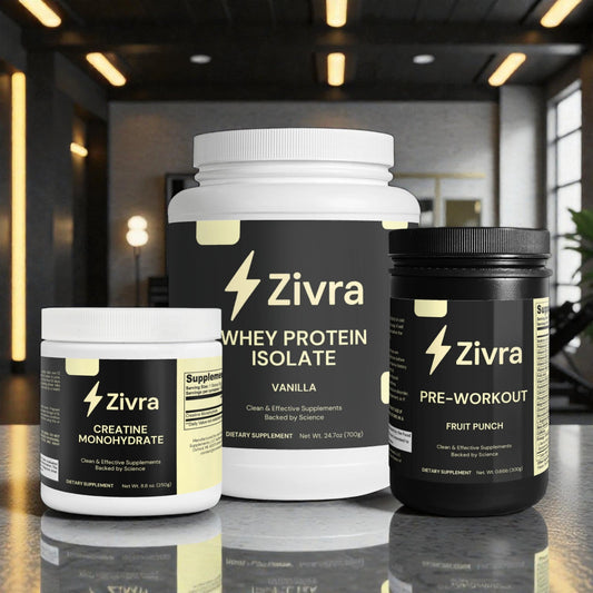 Zivra supplement containers including Whey Protein Isolate, Creatine Monohydrate, and Pre-Workout on a reflective surface.