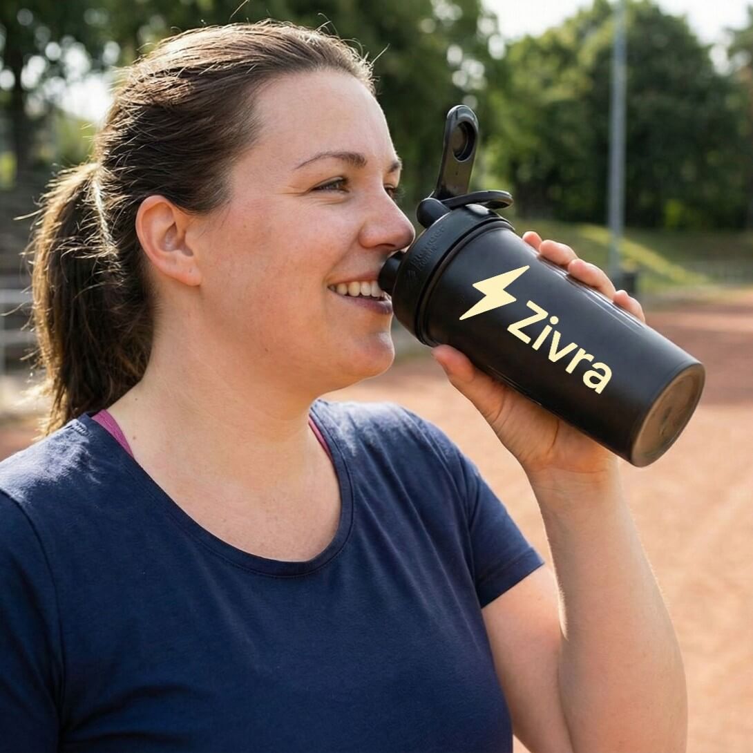 Woman drinking from a Zivra water bottle outdoors