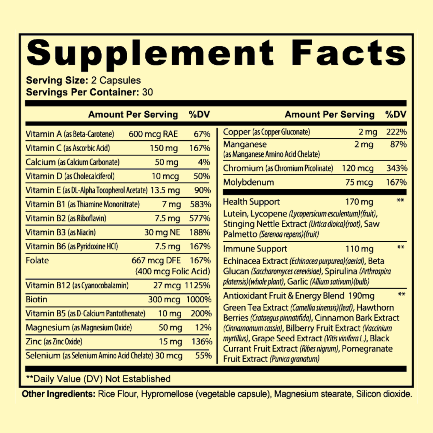 Supplement facts label with detailed nutritional information on a yellow background