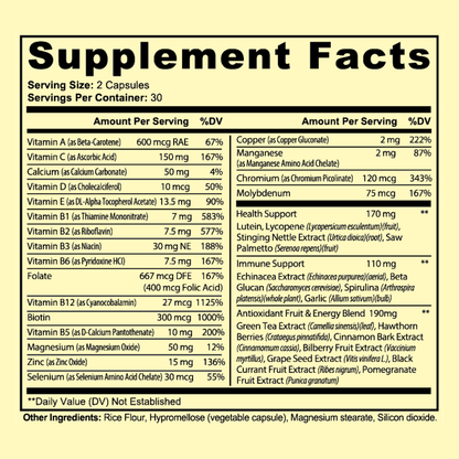Supplement facts label with detailed nutritional information on a yellow background