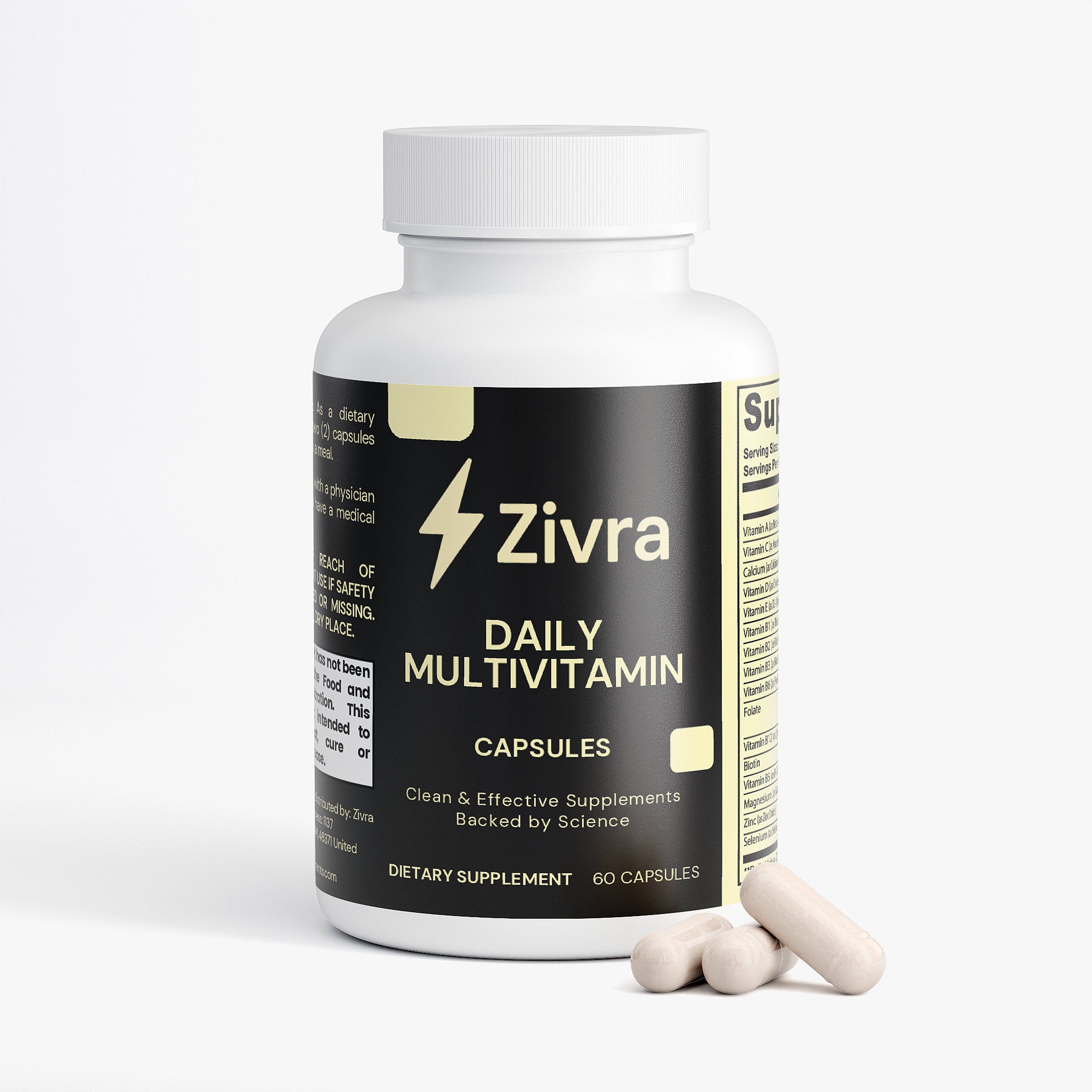 Zivra daily multivitamin capsules bottle with two capsules on a white background