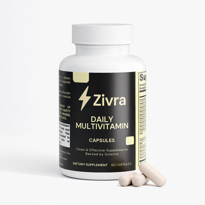 Zivra daily multivitamin capsules bottle with two capsules on a white background