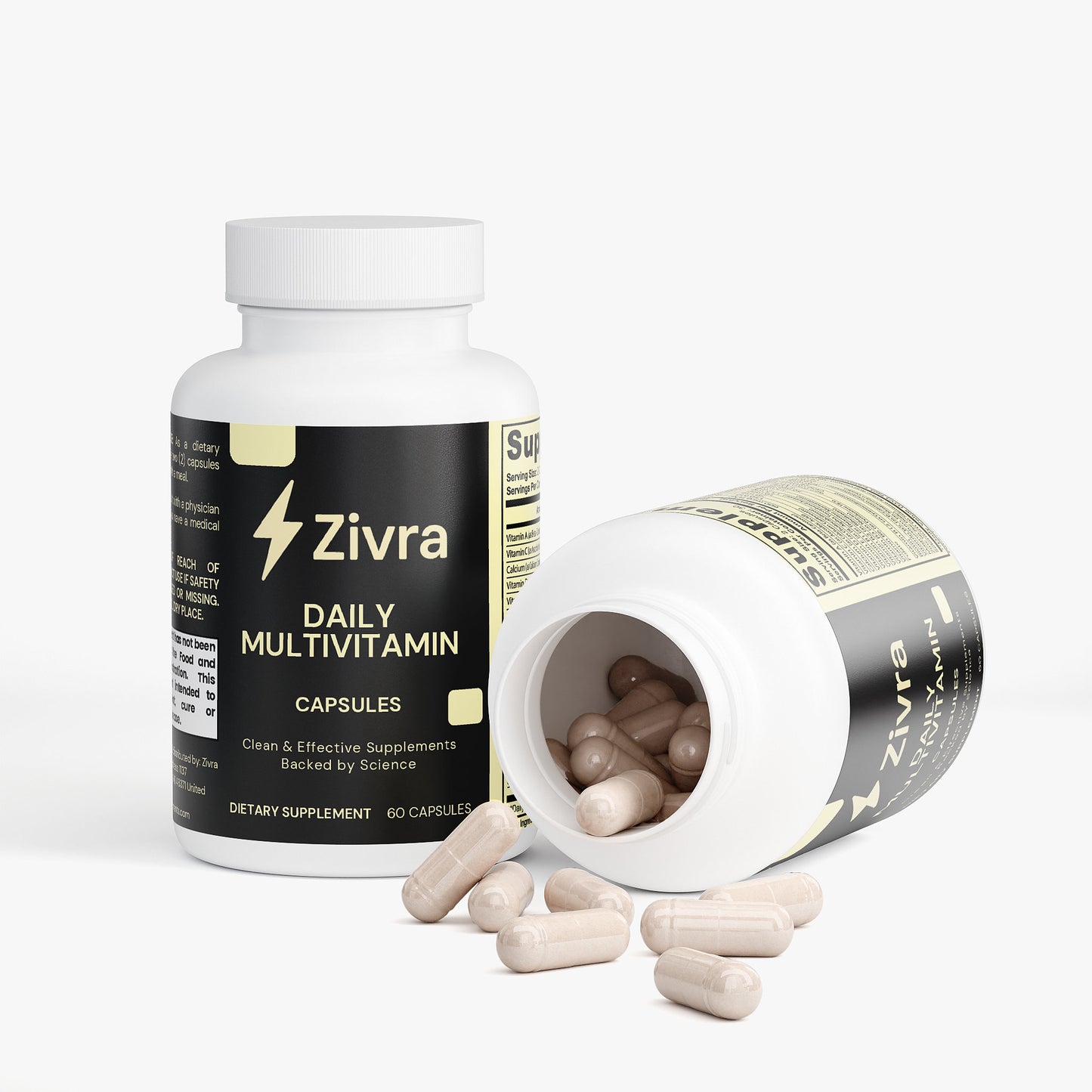 Zivra Daily Multivitamin bottle with open cap showing capsules on a white background