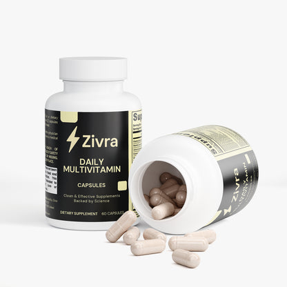 Zivra Daily Multivitamin bottle with open cap showing capsules on a white background