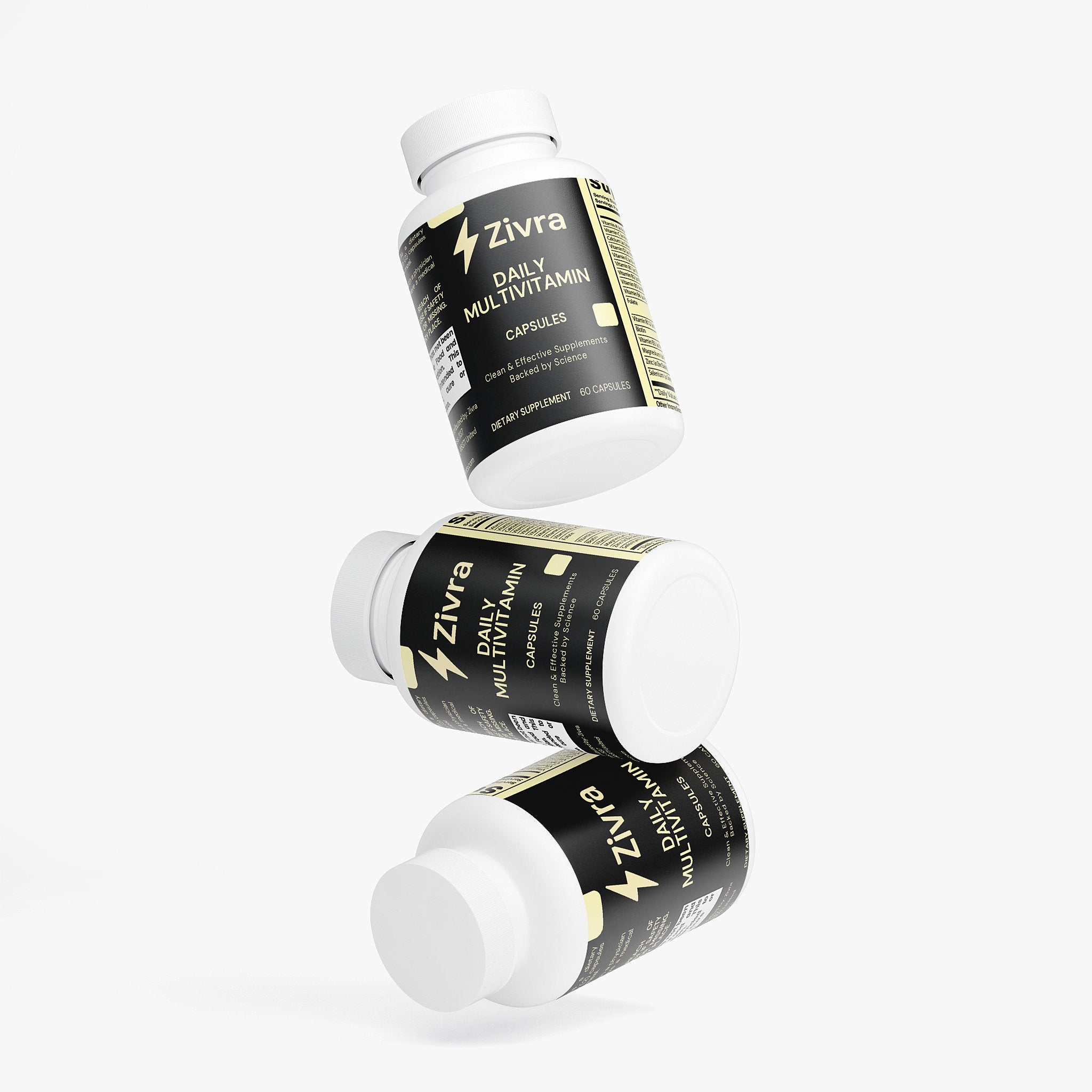 Three bottles of Zivra Daily Multivitamin on a white background