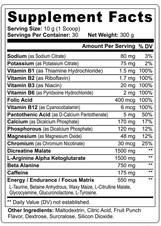 Zivra Pre-Workout Fruit Punch Supplement Facts Sheet