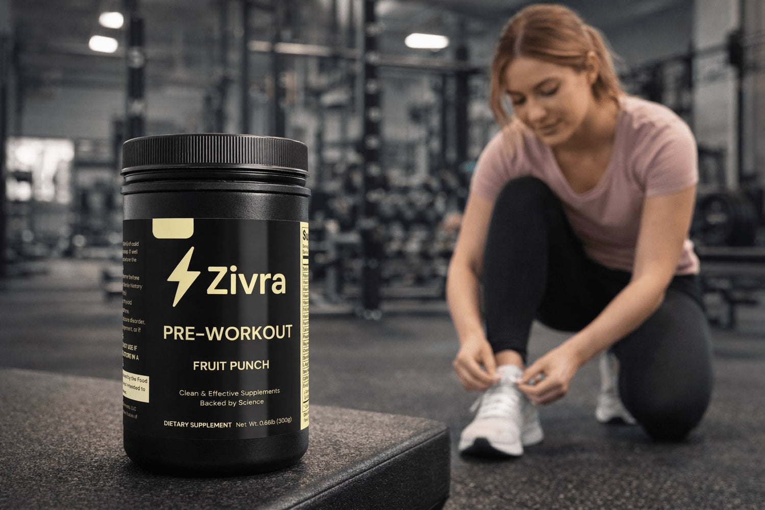 Woman preparing for a workout with a Zivra pre-workout supplement container in a gym setting.