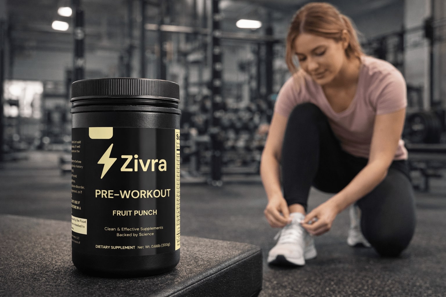 Woman preparing for a workout with a Zivra pre-workout supplement container in a gym setting.