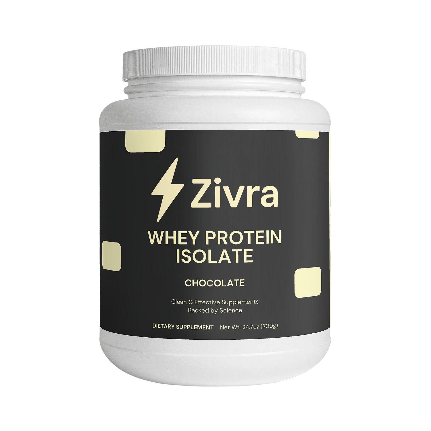 Zivra whey protein isolate container on a white background