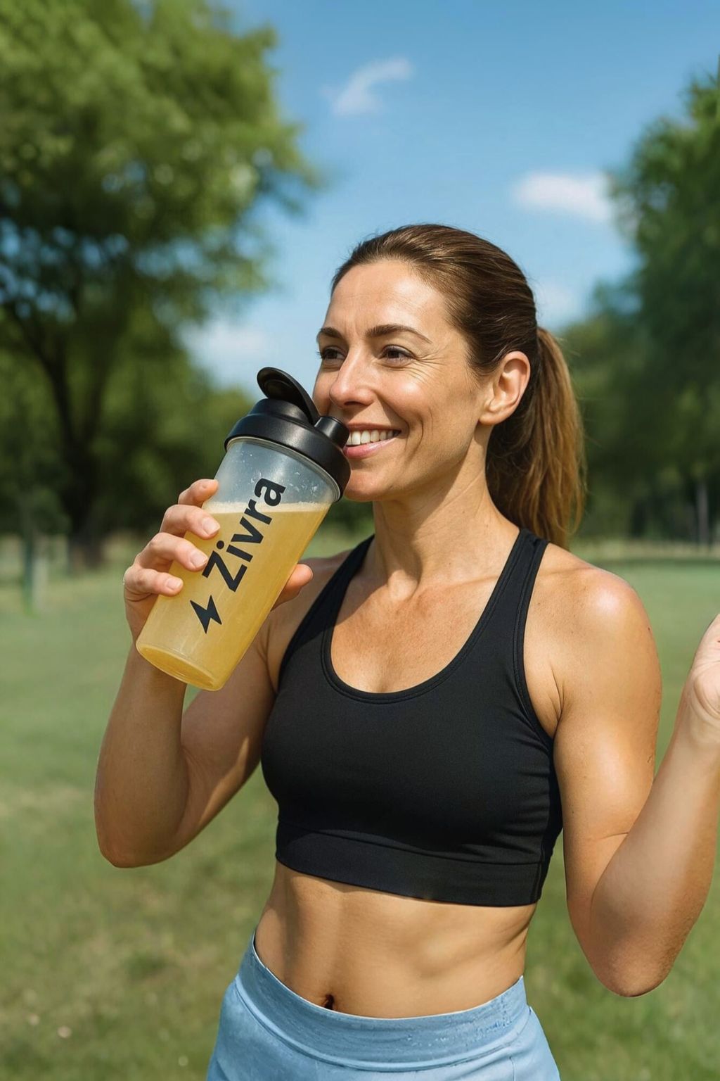 Woman in athletic wear holding a Zivra shaker bottle outdoors.