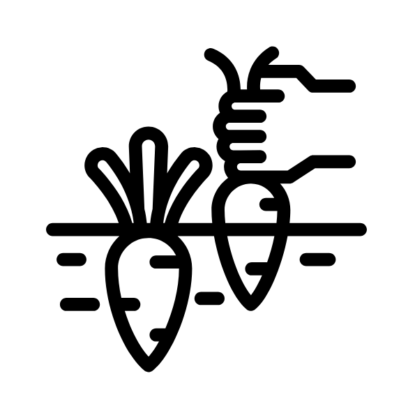 Black line art icon of a hand holding a carrot