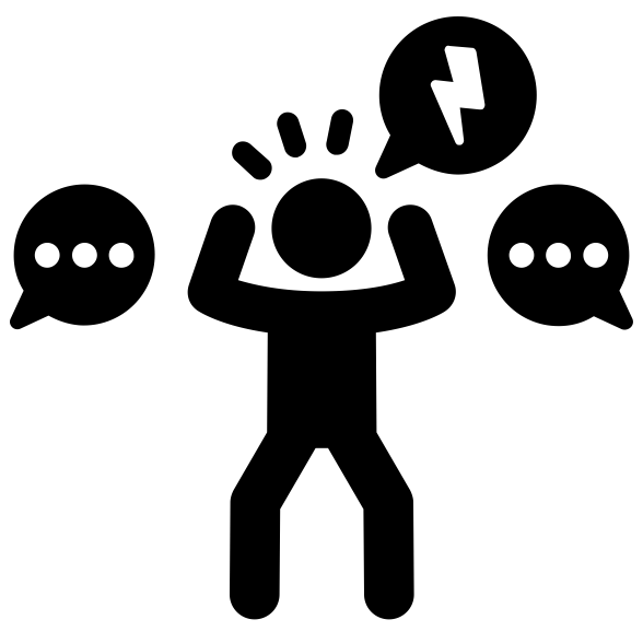 Black and white icon of a person with raised hands and speech bubbles, created by Adrien Coquet from Noun Project.