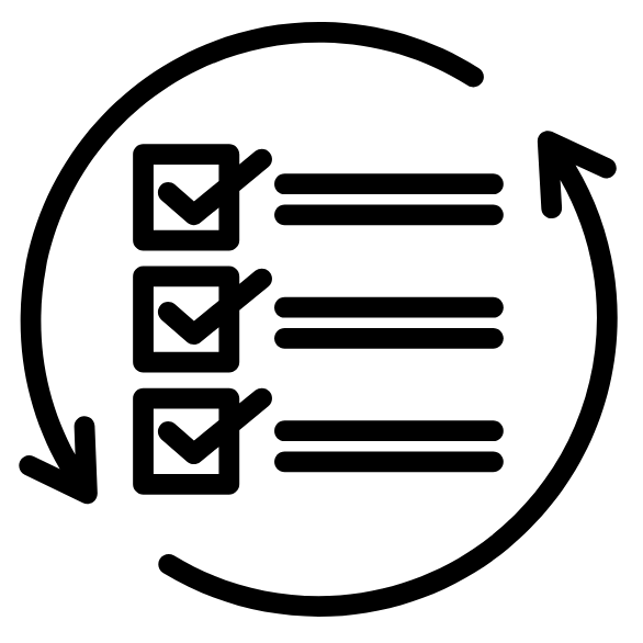 Icon of a checklist with three checkboxes and two arrows forming a circle on a white background.