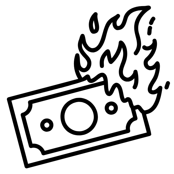 Black line drawing of a bill on fire with 'Created by Fran Couto from Noun Project' text below.